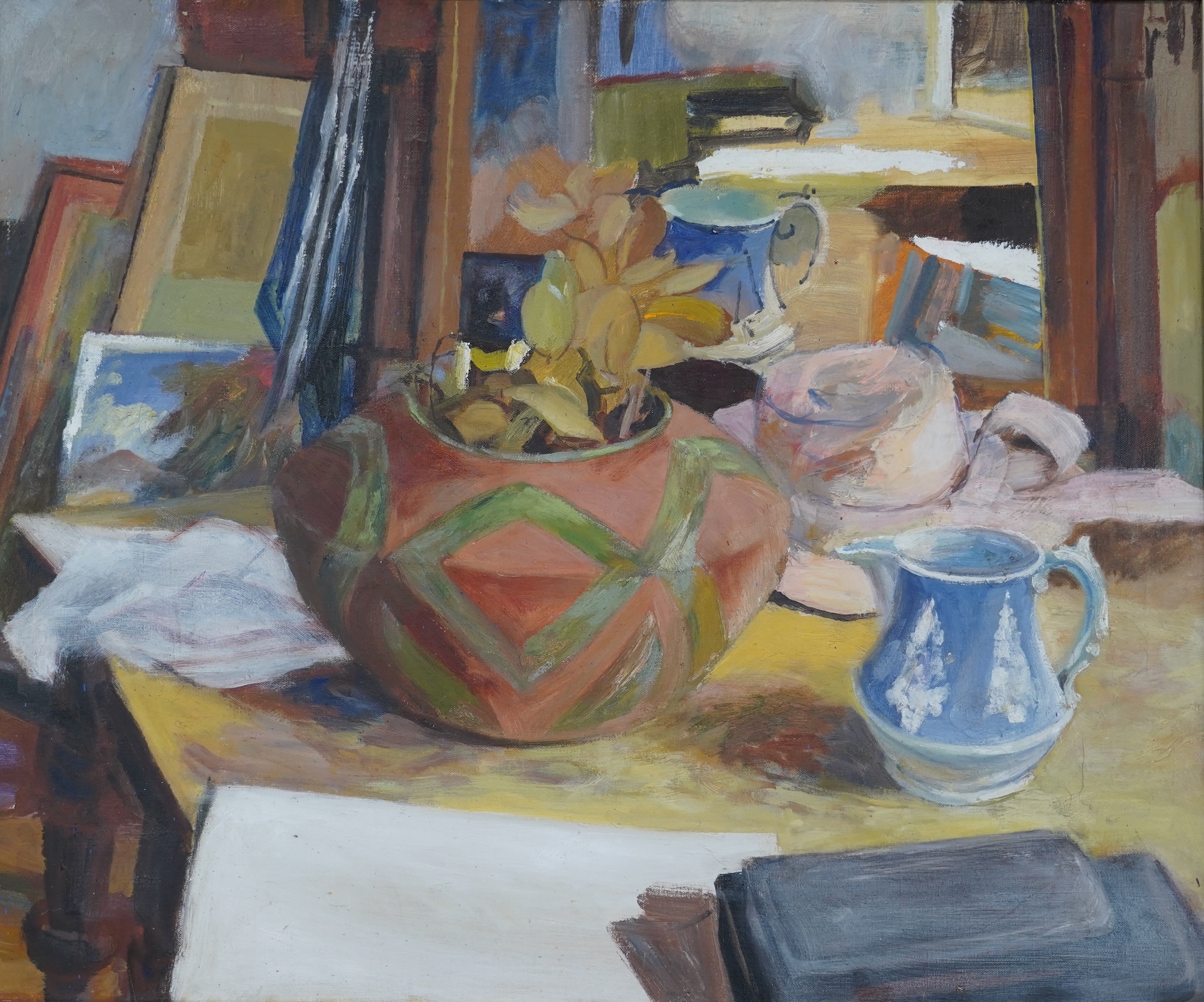 Joyce Spencer (b.1923), oil on canvas, Still life, inscribed, signed and dated 1988 verso, 49 x 59cm